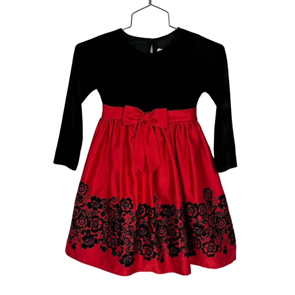 RARE EDITIONS | Black Velvet Baby Doll Red Satin Floral Glitter Dress | Kid's 5